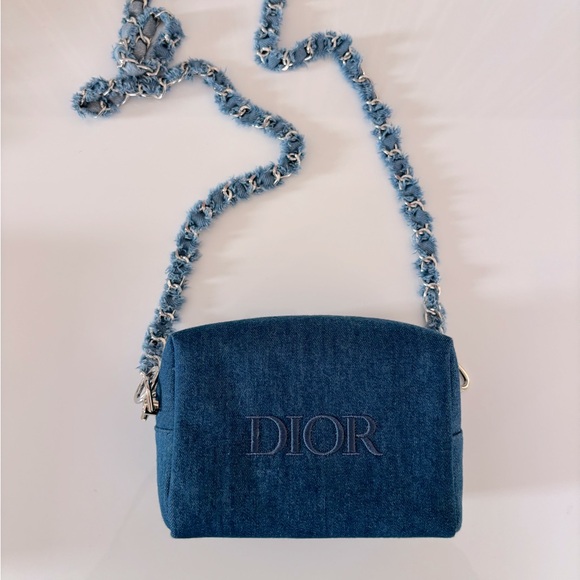DIOR Blue Denim Women's Bag jeans logo purse wristlet crossbody chain silver - Picture 1 of 6